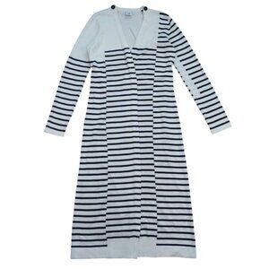 CAbi Striped Long Cardigan Sweater White Navy Blue Open Front XS Cotton Blend